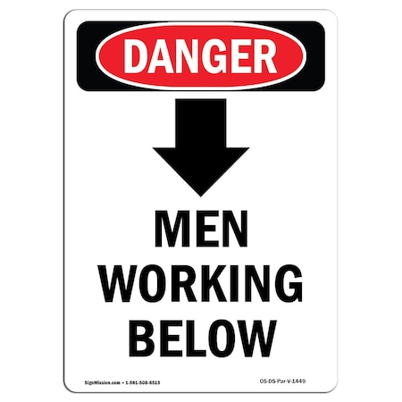 OSHA Danger Sign, Men Working Below, 18in X 12in Decal
